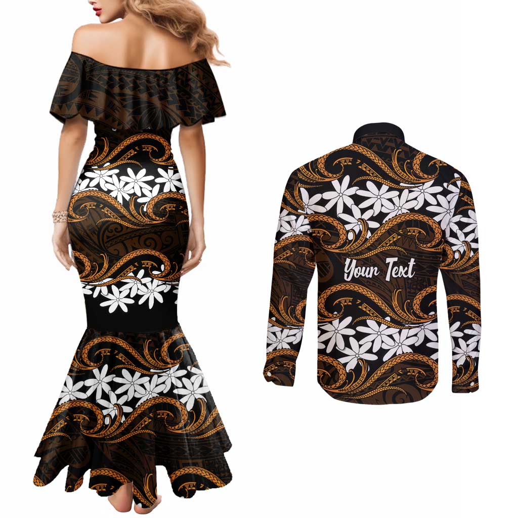 Personalised Cook Islands Rakahanga Couples Matching Mermaid Dress and Long Sleeve Button Shirt Tiare Maori Polynesian Waves Tattoo