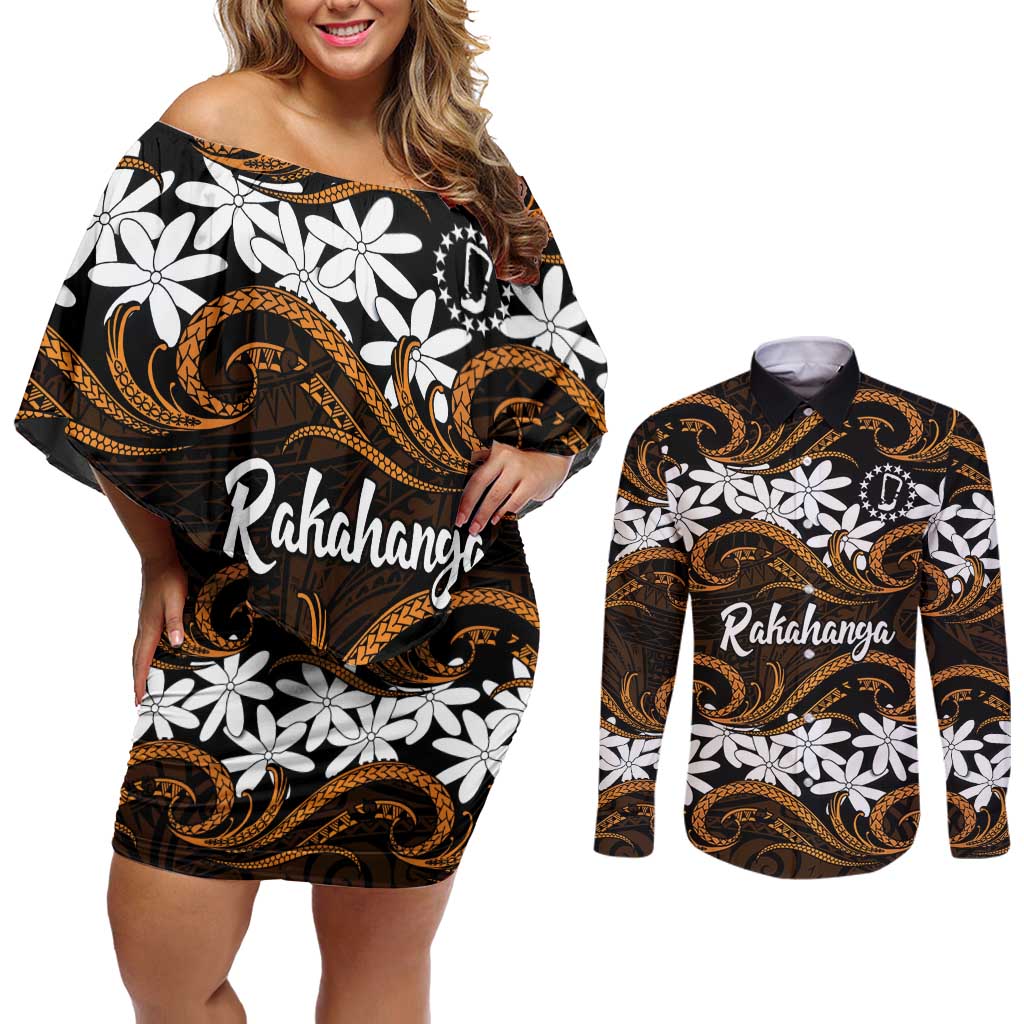 Personalised Cook Islands Rakahanga Couples Matching Off Shoulder Short Dress and Long Sleeve Button Shirt Tiare Maori Polynesian Waves Tattoo