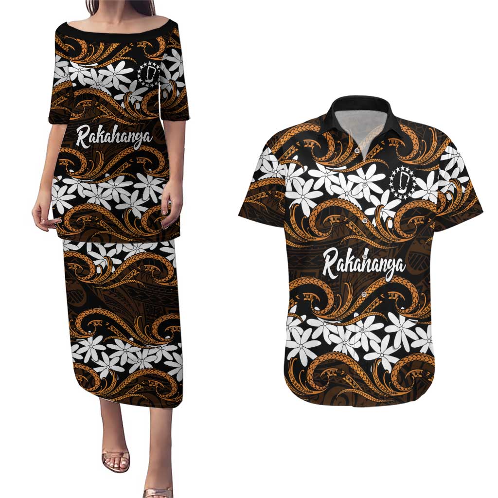 Personalised Cook Islands Rakahanga Couples Matching Puletasi and Hawaiian Shirt Tiare Maori Polynesian Waves Tattoo