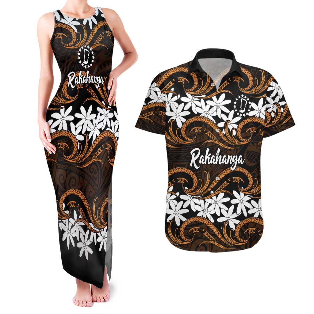 Personalised Cook Islands Rakahanga Couples Matching Tank Maxi Dress and Hawaiian Shirt Tiare Maori Polynesian Waves Tattoo