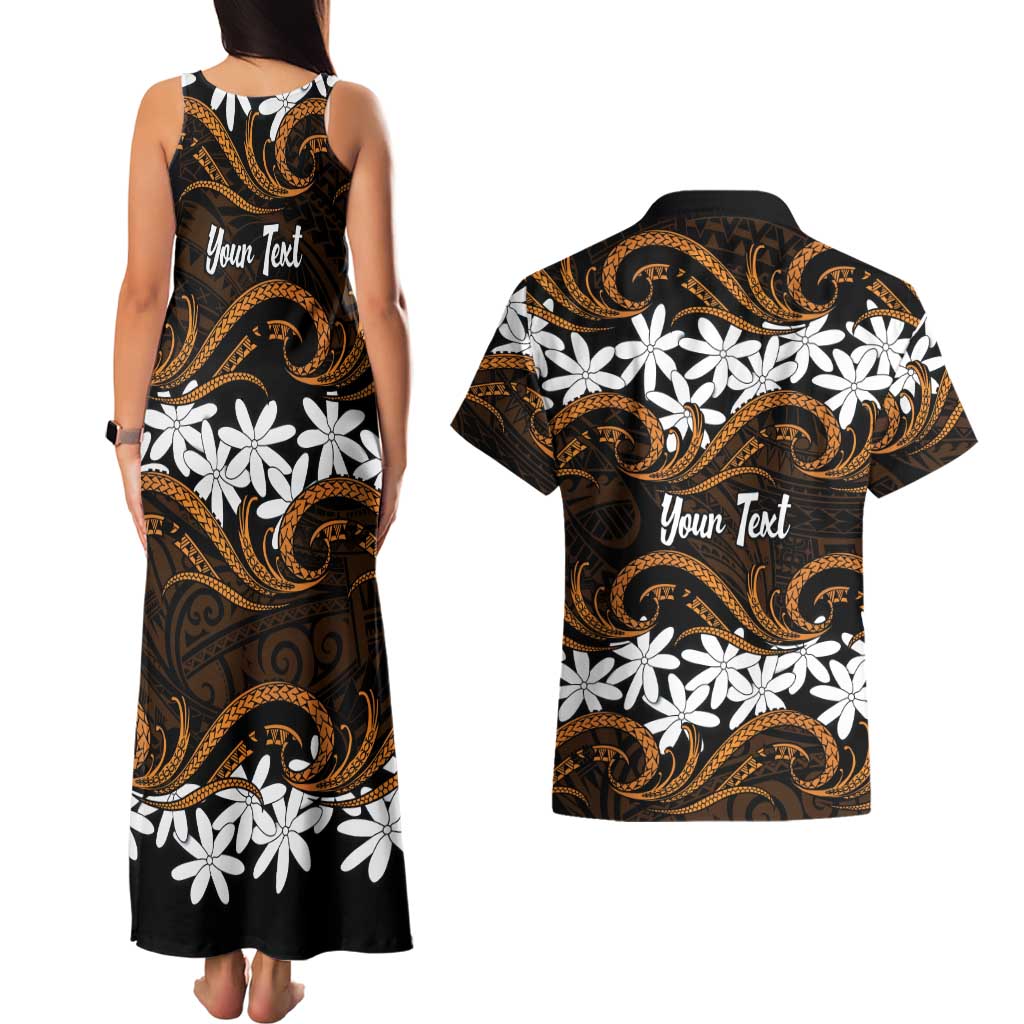 Personalised Cook Islands Rakahanga Couples Matching Tank Maxi Dress and Hawaiian Shirt Tiare Maori Polynesian Waves Tattoo
