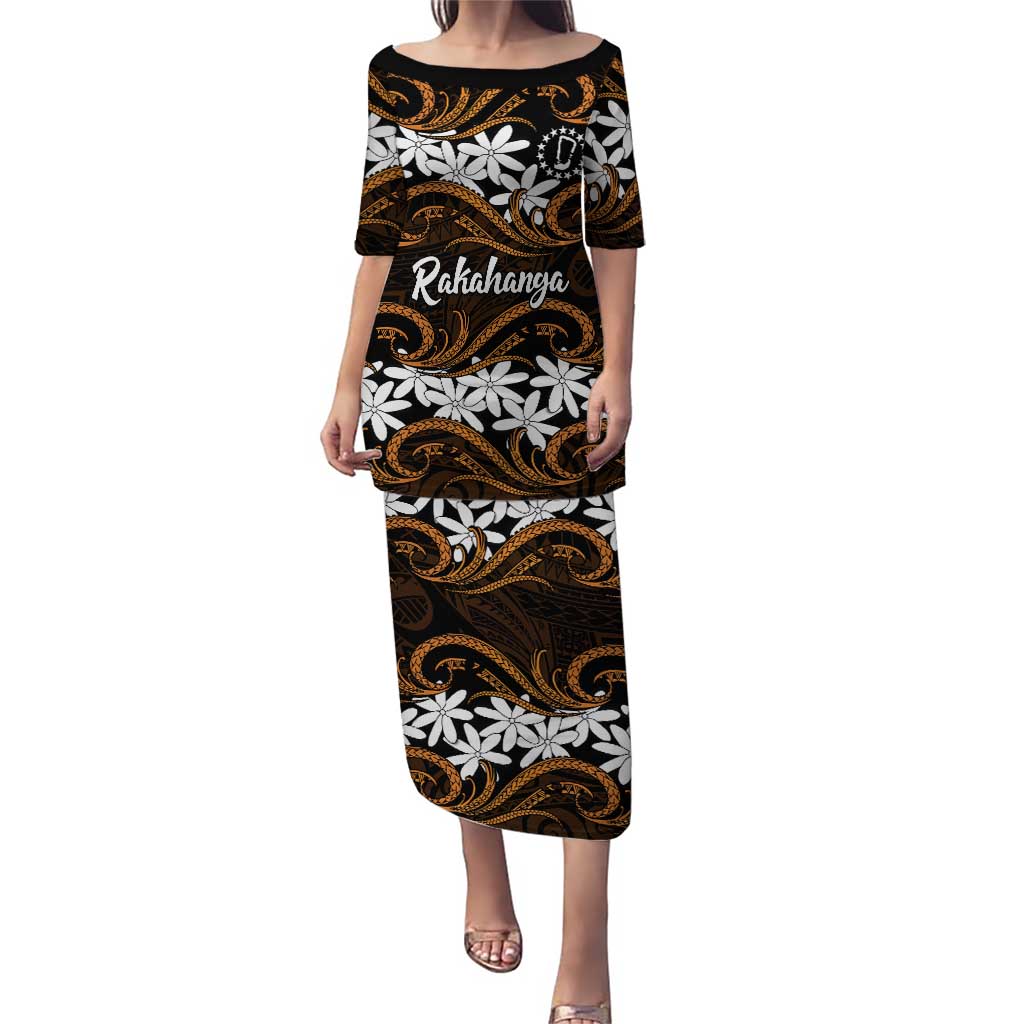 Personalised Cook Islands Rakahanga Puletasi Tiare Maori Polynesian Waves Tattoo LT14 Long Dress Orange - Polynesian Pride