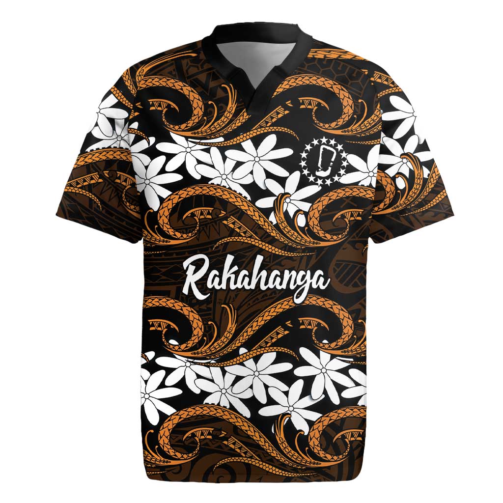Personalised Cook Islands Rakahanga Rugby Jersey Tiare Maori Polynesian Waves Tattoo