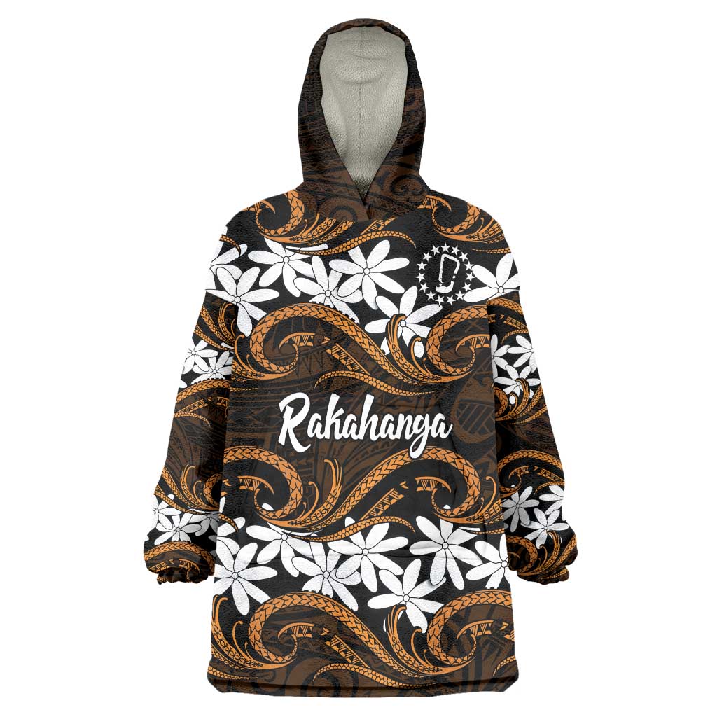 Personalised Cook Islands Rakahanga Wearable Blanket Hoodie Tiare Maori Polynesian Waves Tattoo