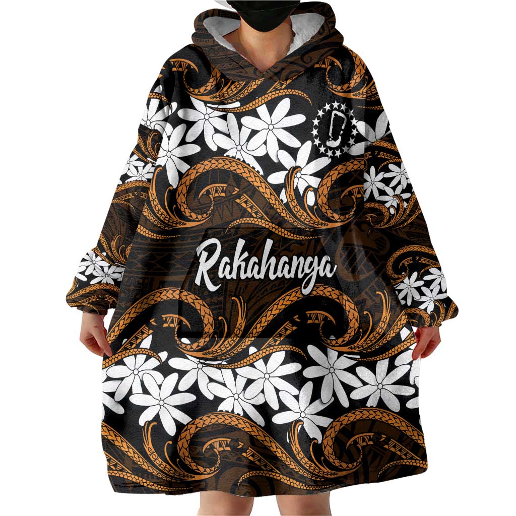 Personalised Cook Islands Rakahanga Wearable Blanket Hoodie Tiare Maori Polynesian Waves Tattoo