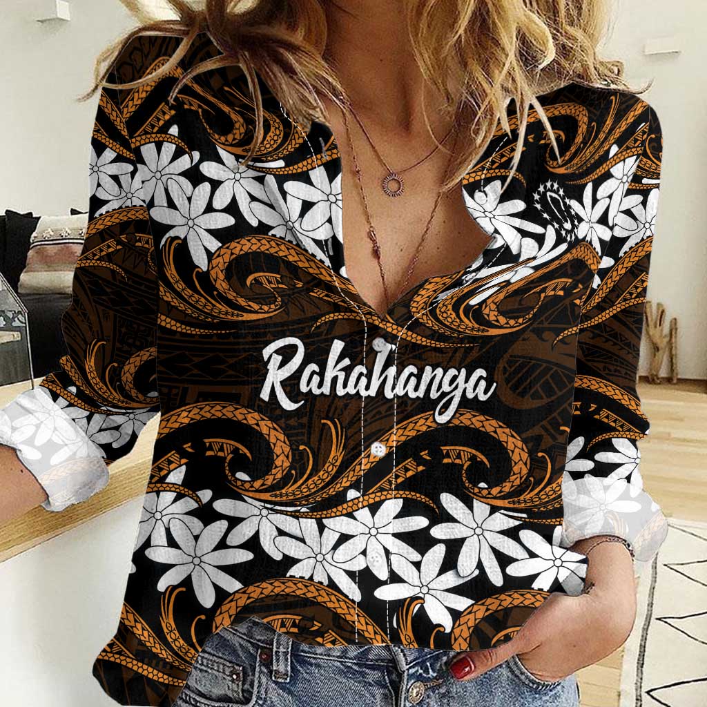 Personalised Cook Islands Rakahanga Women Casual Shirt Tiare Maori Polynesian Waves Tattoo