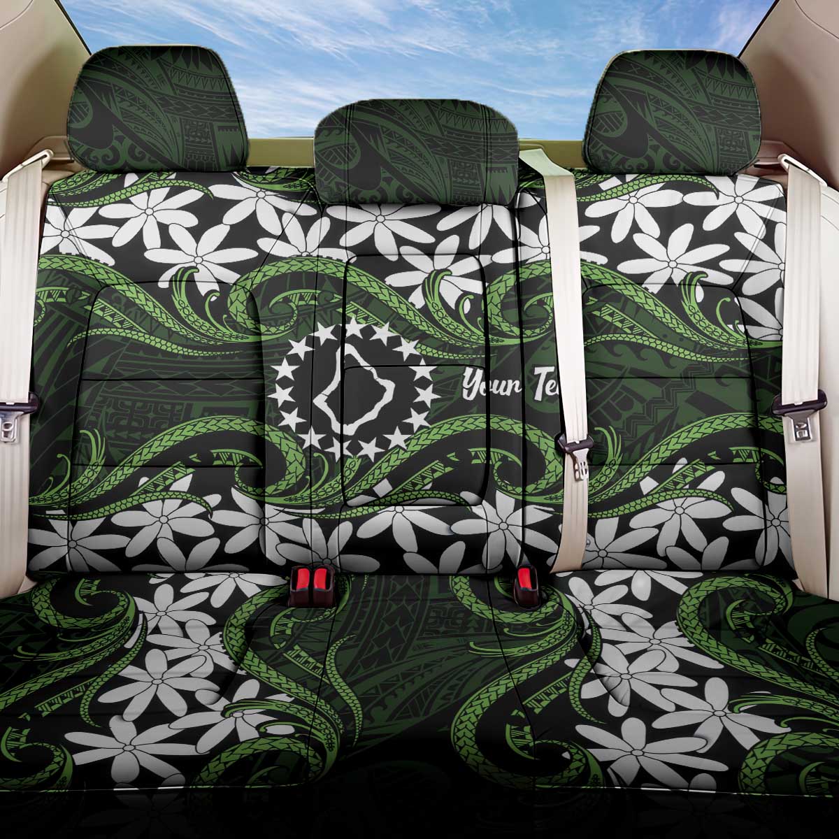 Personalised Cook Islands Palmerston Back Car Seat Cover Tiare Maori Polynesian Waves Tattoo