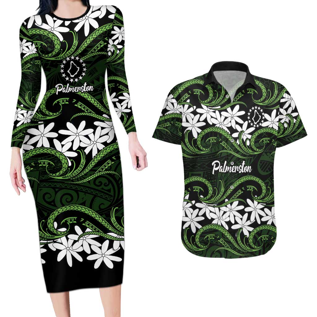Personalised Cook Islands Palmerston Couples Matching Long Sleeve Bodycon Dress and Hawaiian Shirt Tiare Maori Polynesian Waves Tattoo