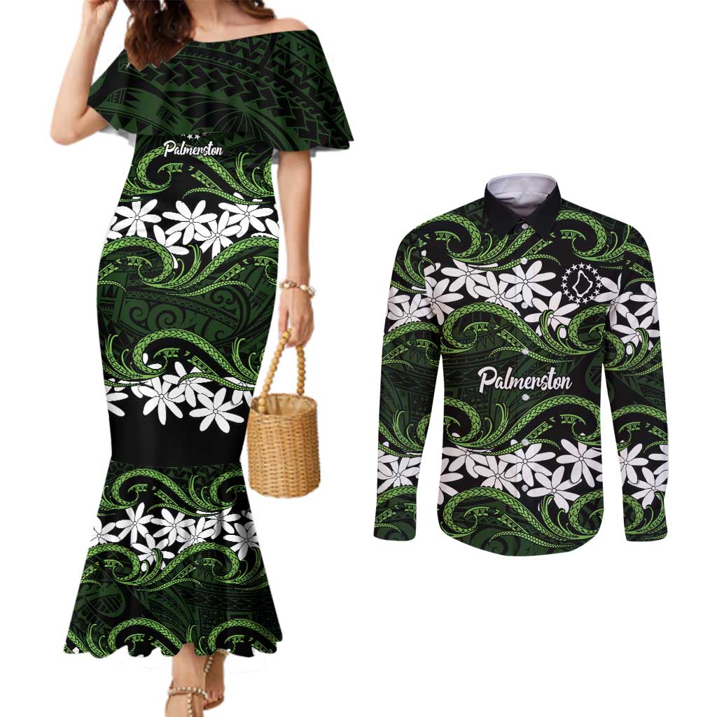 Personalised Cook Islands Palmerston Couples Matching Mermaid Dress and Long Sleeve Button Shirt Tiare Maori Polynesian Waves Tattoo