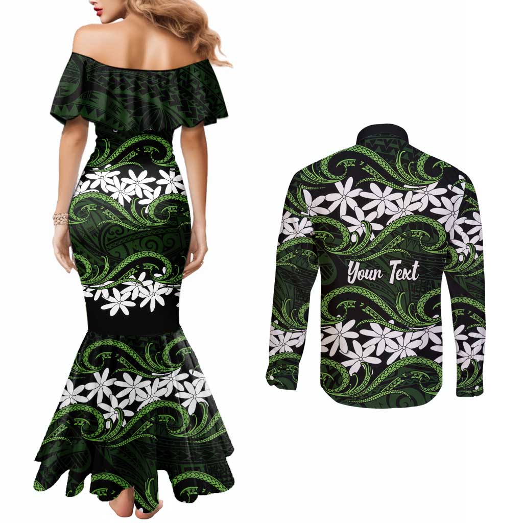 Personalised Cook Islands Palmerston Couples Matching Mermaid Dress and Long Sleeve Button Shirt Tiare Maori Polynesian Waves Tattoo