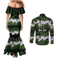 Personalised Cook Islands Palmerston Couples Matching Mermaid Dress and Long Sleeve Button Shirt Tiare Maori Polynesian Waves Tattoo