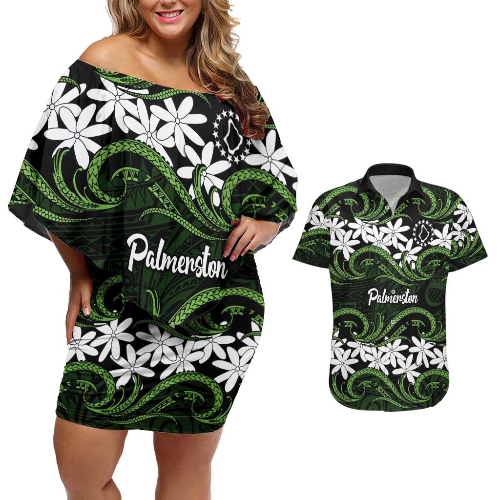 Personalised Cook Islands Palmerston Couples Matching Off Shoulder Short Dress and Hawaiian Shirt Tiare Maori Polynesian Waves Tattoo