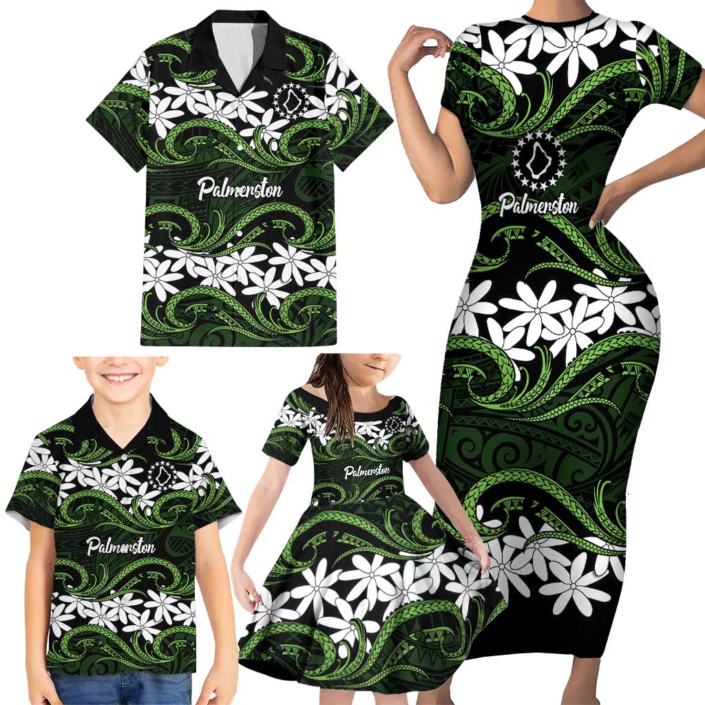 Personalised Cook Islands Palmerston Family Matching Short Sleeve Bodycon Dress and Hawaiian Shirt Tiare Maori Polynesian Waves Tattoo