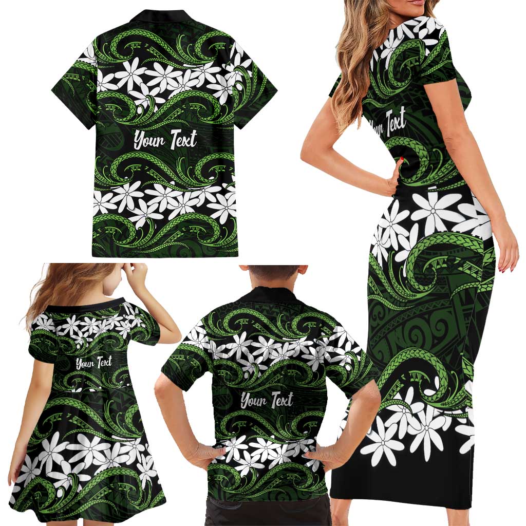 Personalised Cook Islands Palmerston Family Matching Short Sleeve Bodycon Dress and Hawaiian Shirt Tiare Maori Polynesian Waves Tattoo