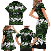 Personalised Cook Islands Palmerston Family Matching Short Sleeve Bodycon Dress and Hawaiian Shirt Tiare Maori Polynesian Waves Tattoo