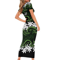 Personalised Cook Islands Palmerston Family Matching Short Sleeve Bodycon Dress and Hawaiian Shirt Tiare Maori Polynesian Waves Tattoo