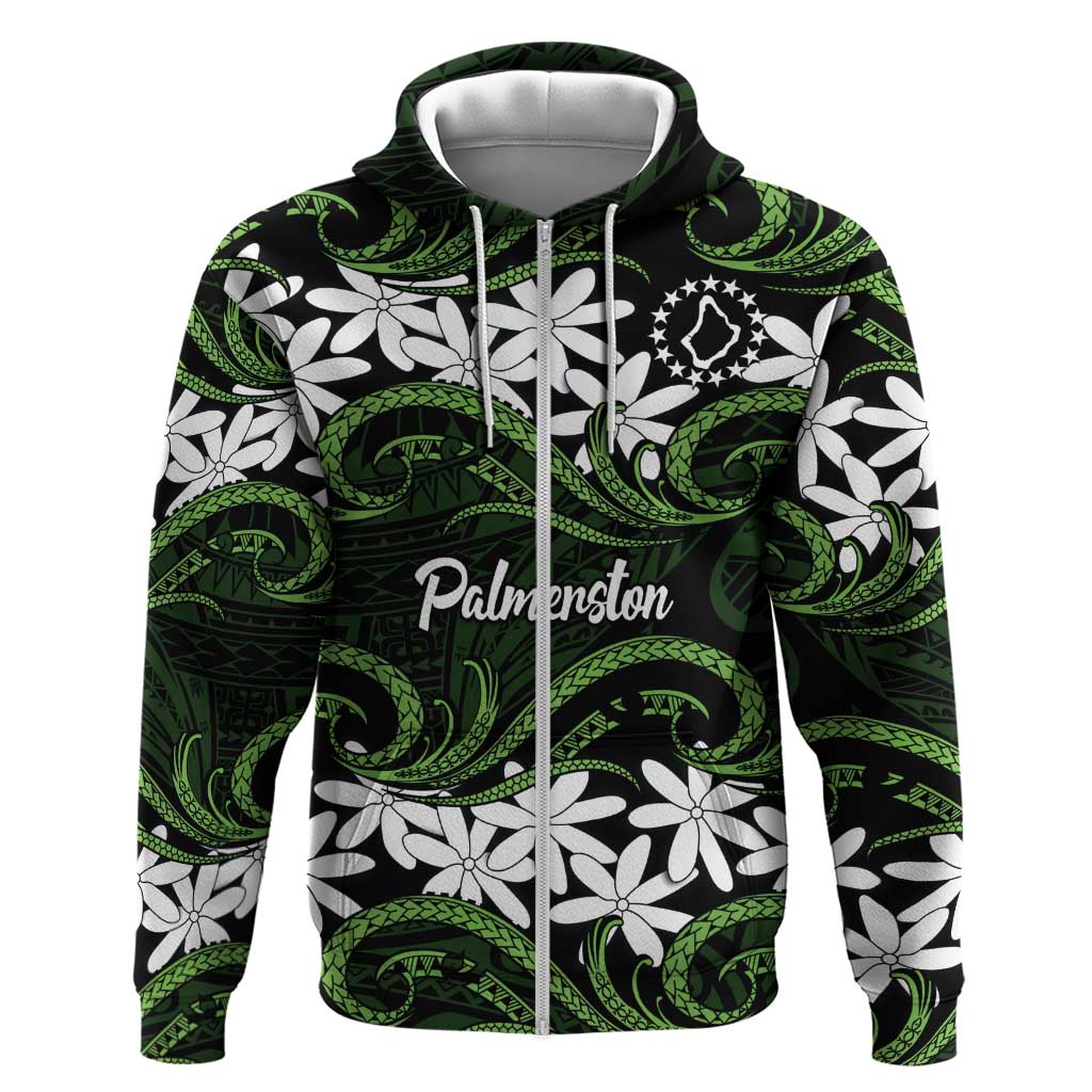 Personalised Cook Islands Palmerston Hoodie Tiare Maori Polynesian Waves Tattoo LT14 Zip Hoodie Green - Polynesian Pride