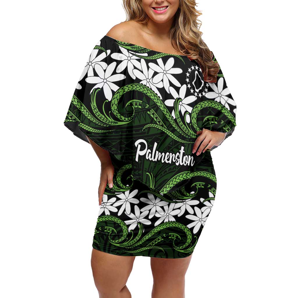 Personalised Cook Islands Palmerston Off Shoulder Short Dress Tiare Maori Polynesian Waves Tattoo LT14 Women Green - Polynesian Pride