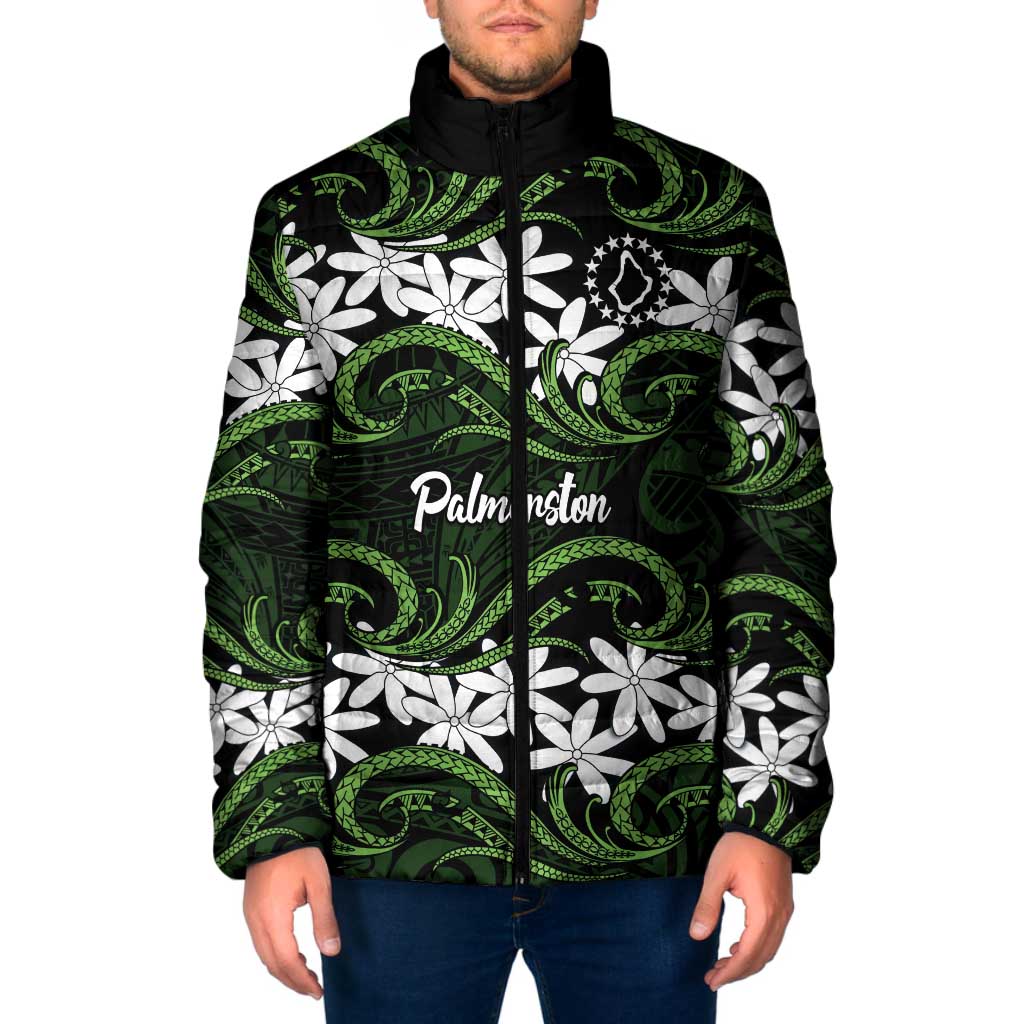 Personalised Cook Islands Palmerston Padded Jacket Tiare Maori Polynesian Waves Tattoo