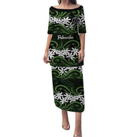 Personalised Cook Islands Palmerston Puletasi Tiare Maori Polynesian Waves Tattoo LT14 Long Dress Green - Polynesian Pride