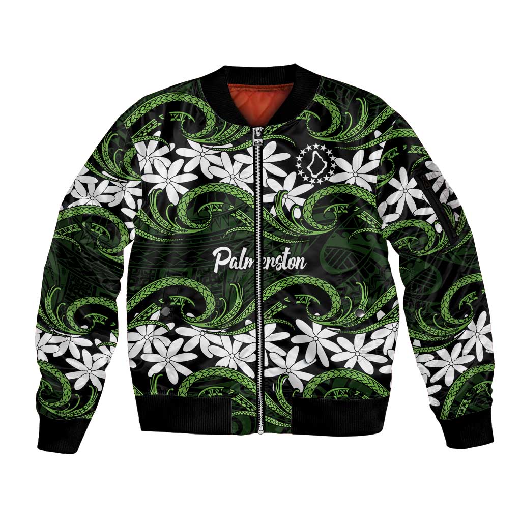 Personalised Cook Islands Palmerston Sleeve Zip Bomber Jacket Tiare Maori Polynesian Waves Tattoo
