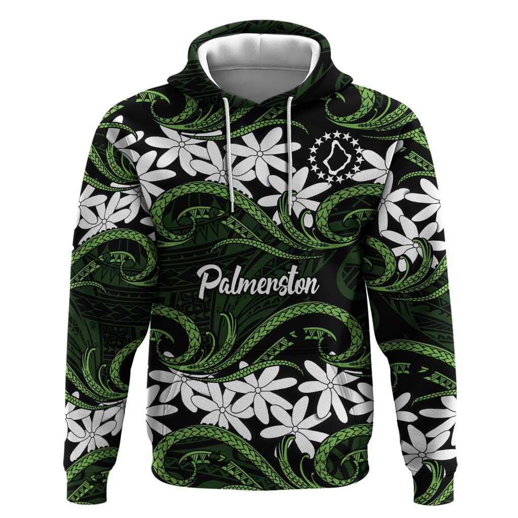 Personalised Cook Islands Palmerston Zip Hoodie Tiare Maori Polynesian Waves Tattoo LT14 Pullover Hoodie Green - Polynesian Pride