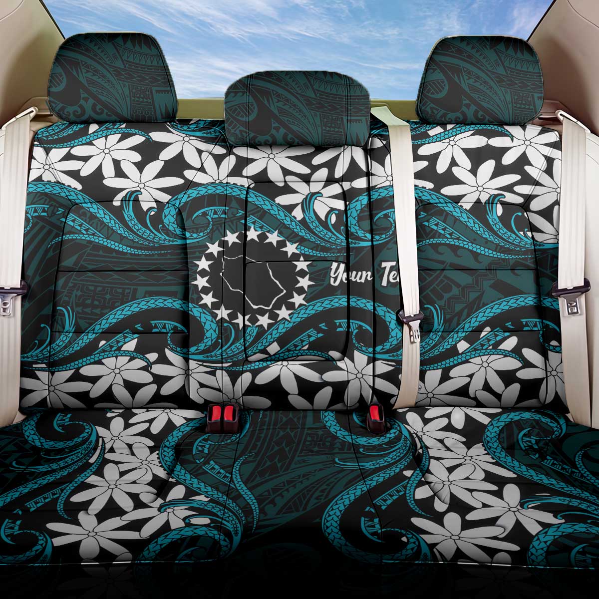 Personalised Cook Islands Penrhyn Atoll Back Car Seat Cover Tiare Maori Polynesian Waves Tattoo
