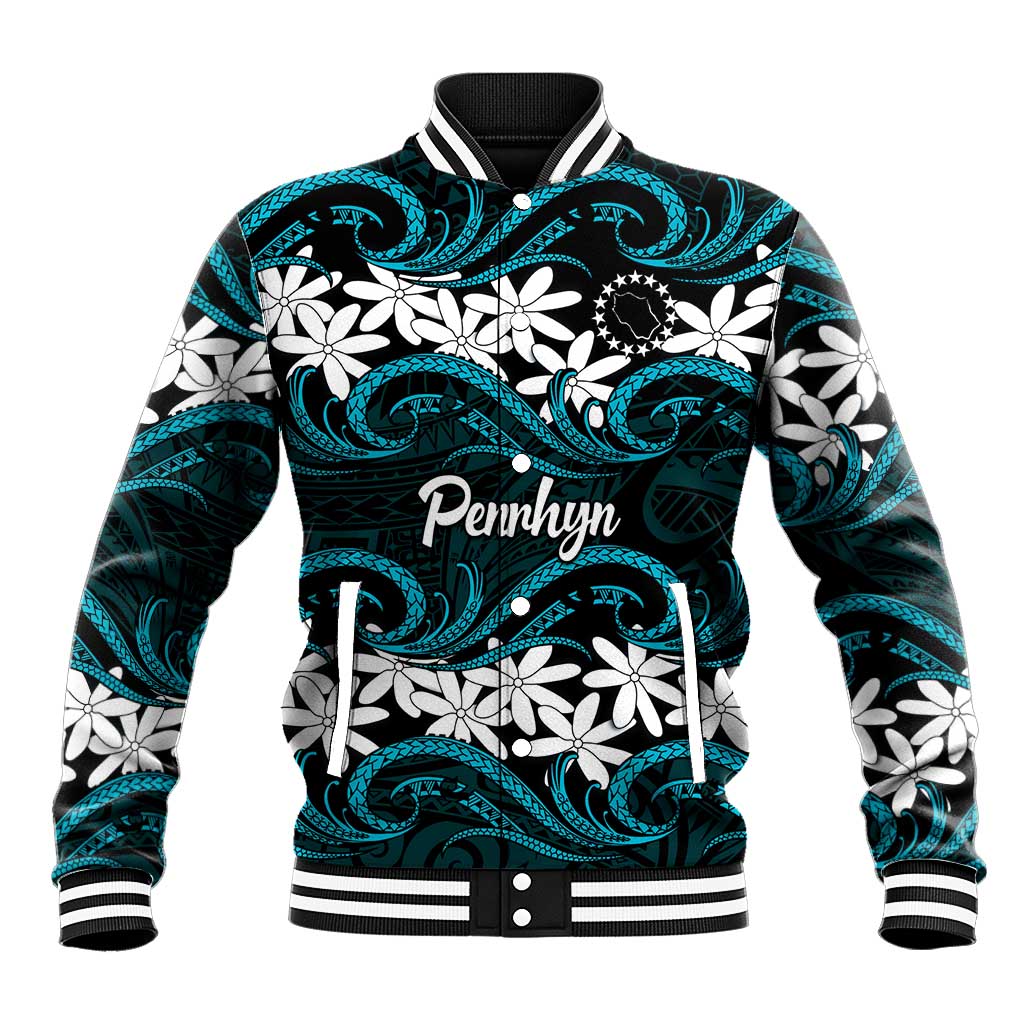 Personalised Cook Islands Penrhyn Atoll Baseball Jacket Tiare Maori Polynesian Waves Tattoo