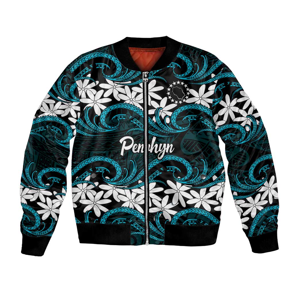 Personalised Cook Islands Penrhyn Atoll Bomber Jacket Tiare Maori Polynesian Waves Tattoo