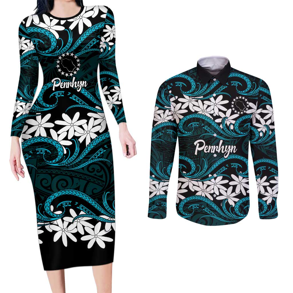 Personalised Cook Islands Penrhyn Atoll Couples Matching Long Sleeve Bodycon Dress and Long Sleeve Button Shirt Tiare Maori Polynesian Waves Tattoo