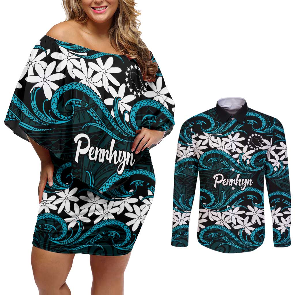 Personalised Cook Islands Penrhyn Atoll Couples Matching Off Shoulder Short Dress and Long Sleeve Button Shirt Tiare Maori Polynesian Waves Tattoo