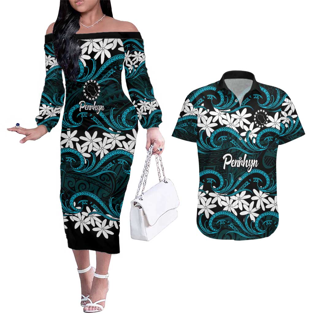 Personalised Cook Islands Penrhyn Atoll Couples Matching Off The Shoulder Long Sleeve Dress and Hawaiian Shirt Tiare Maori Polynesian Waves Tattoo