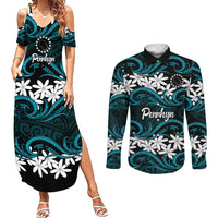 Personalised Cook Islands Penrhyn Atoll Couples Matching Summer Maxi Dress and Long Sleeve Button Shirt Tiare Maori Polynesian Waves Tattoo
