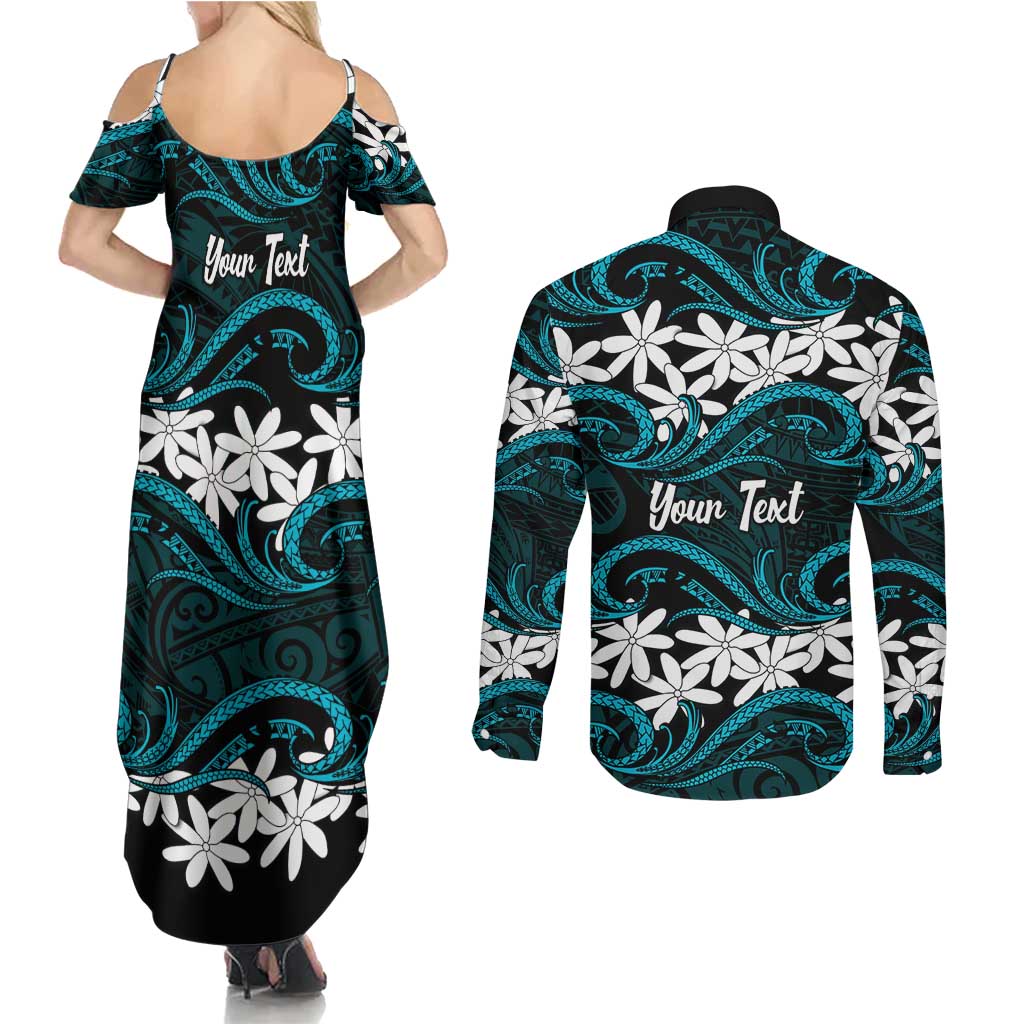 Personalised Cook Islands Penrhyn Atoll Couples Matching Summer Maxi Dress and Long Sleeve Button Shirt Tiare Maori Polynesian Waves Tattoo