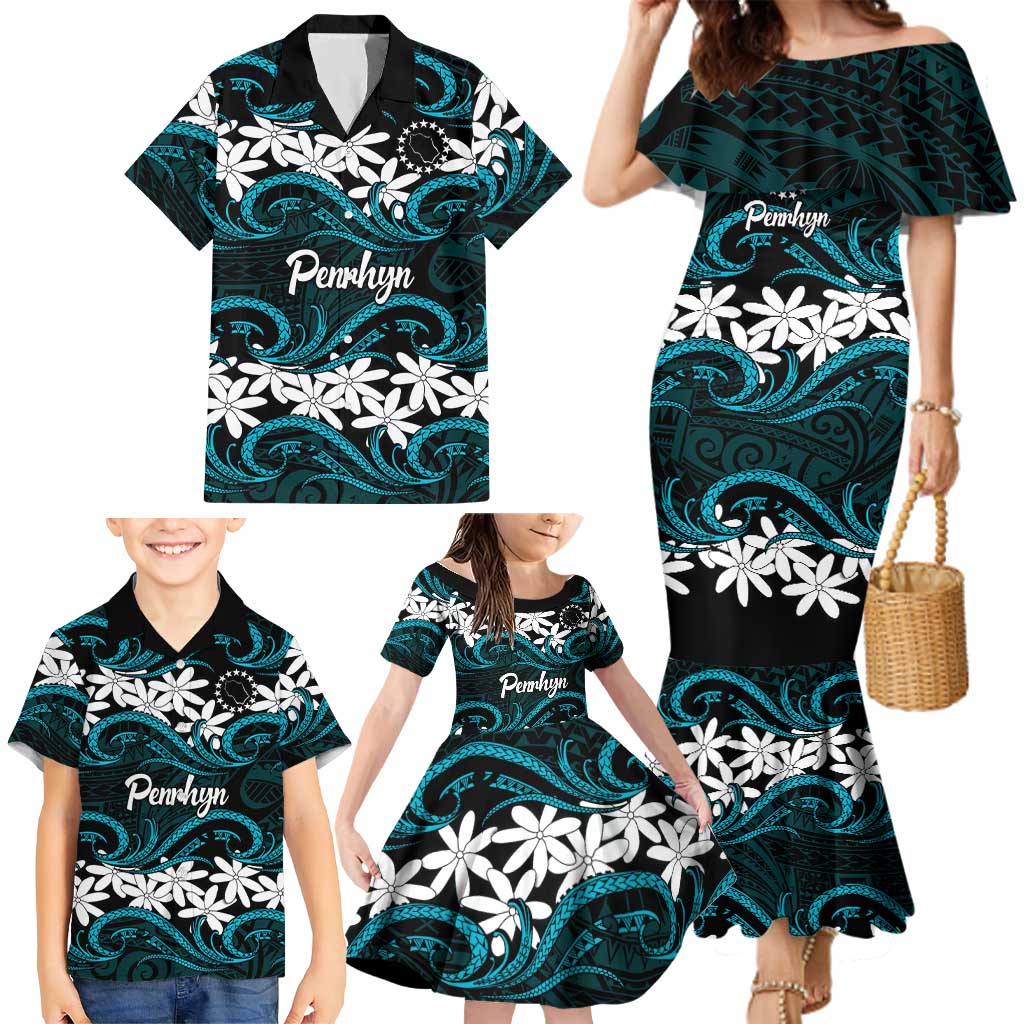 Personalised Cook Islands Penrhyn Atoll Family Matching Mermaid Dress and Hawaiian Shirt Tiare Maori Polynesian Waves Tattoo