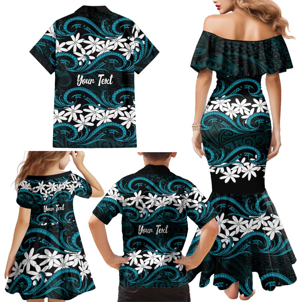Personalised Cook Islands Penrhyn Atoll Family Matching Mermaid Dress and Hawaiian Shirt Tiare Maori Polynesian Waves Tattoo