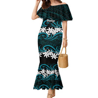 Personalised Cook Islands Penrhyn Atoll Family Matching Mermaid Dress and Hawaiian Shirt Tiare Maori Polynesian Waves Tattoo