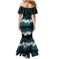 Personalised Cook Islands Penrhyn Atoll Family Matching Mermaid Dress and Hawaiian Shirt Tiare Maori Polynesian Waves Tattoo