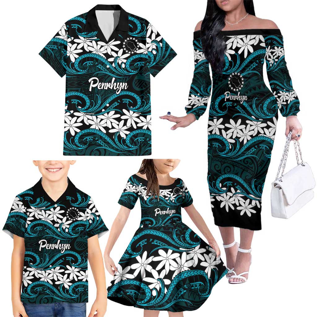 Personalised Cook Islands Penrhyn Atoll Family Matching Off The Shoulder Long Sleeve Dress and Hawaiian Shirt Tiare Maori Polynesian Waves Tattoo
