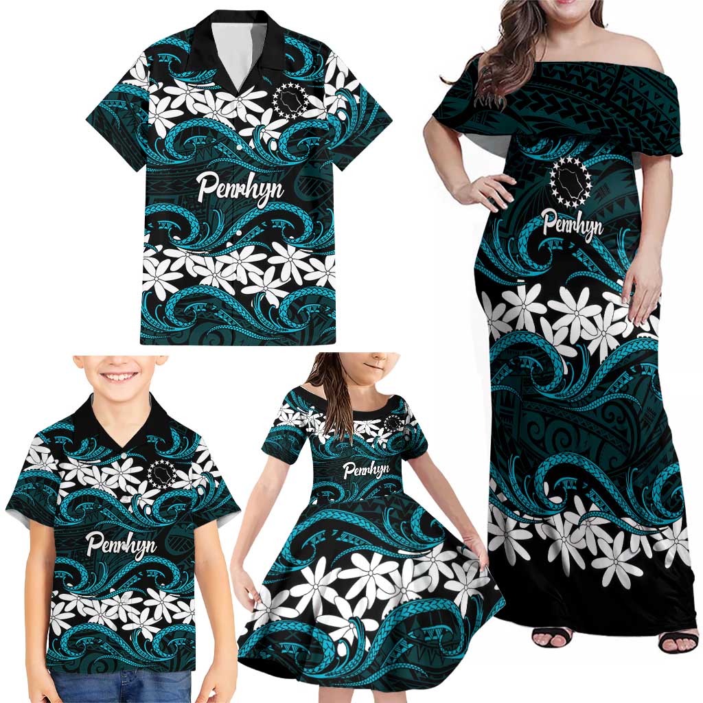 Personalised Cook Islands Penrhyn Atoll Family Matching Off Shoulder Maxi Dress and Hawaiian Shirt Tiare Maori Polynesian Waves Tattoo