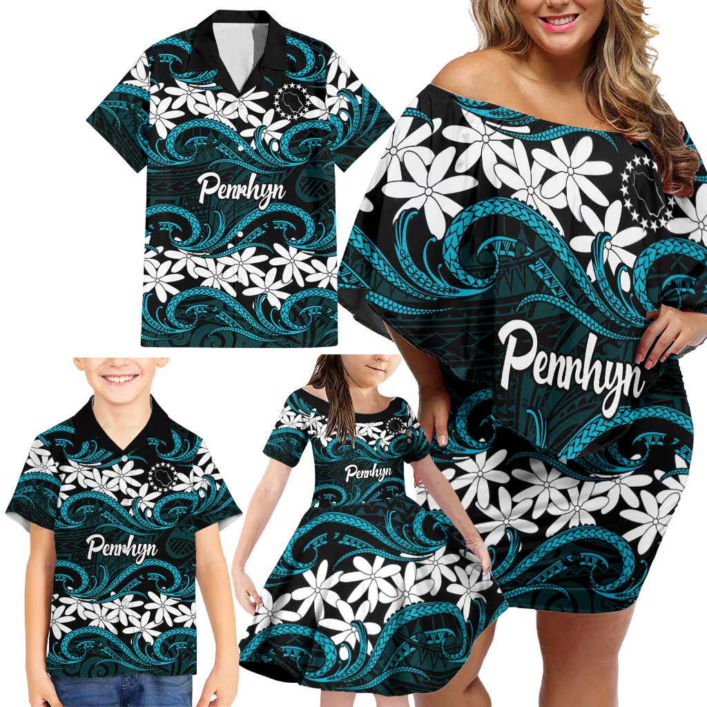 Personalised Cook Islands Penrhyn Atoll Family Matching Off Shoulder Short Dress and Hawaiian Shirt Tiare Maori Polynesian Waves Tattoo