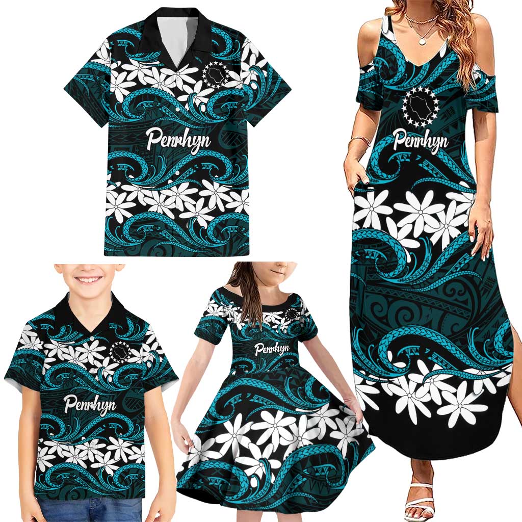 Personalised Cook Islands Penrhyn Atoll Family Matching Summer Maxi Dress and Hawaiian Shirt Tiare Maori Polynesian Waves Tattoo