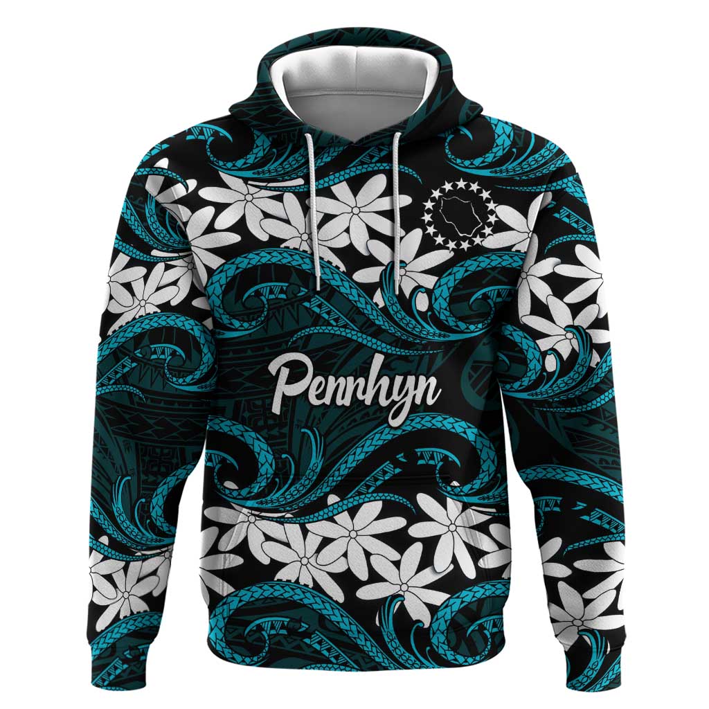 Personalised Cook Islands Penrhyn Atoll Hoodie Tiare Maori Polynesian Waves Tattoo LT14 Pullover Hoodie Blue - Polynesian Pride