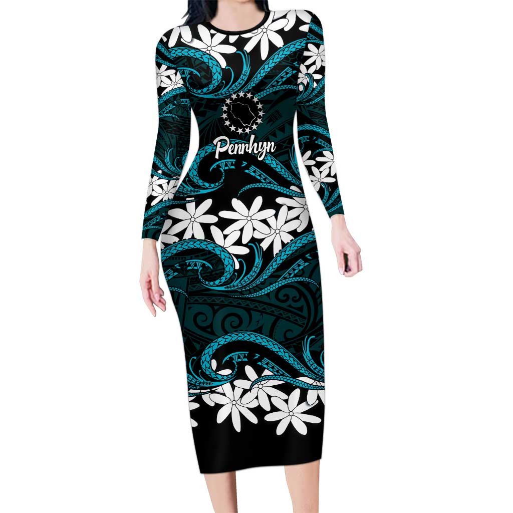 Personalised Cook Islands Penrhyn Atoll Long Sleeve Bodycon Dress Tiare Maori Polynesian Waves Tattoo