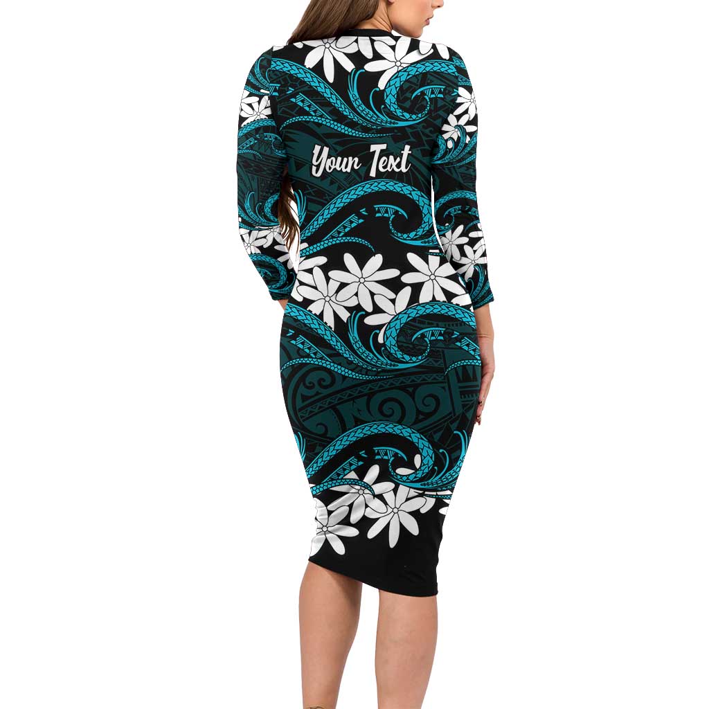 Personalised Cook Islands Penrhyn Atoll Long Sleeve Bodycon Dress Tiare Maori Polynesian Waves Tattoo