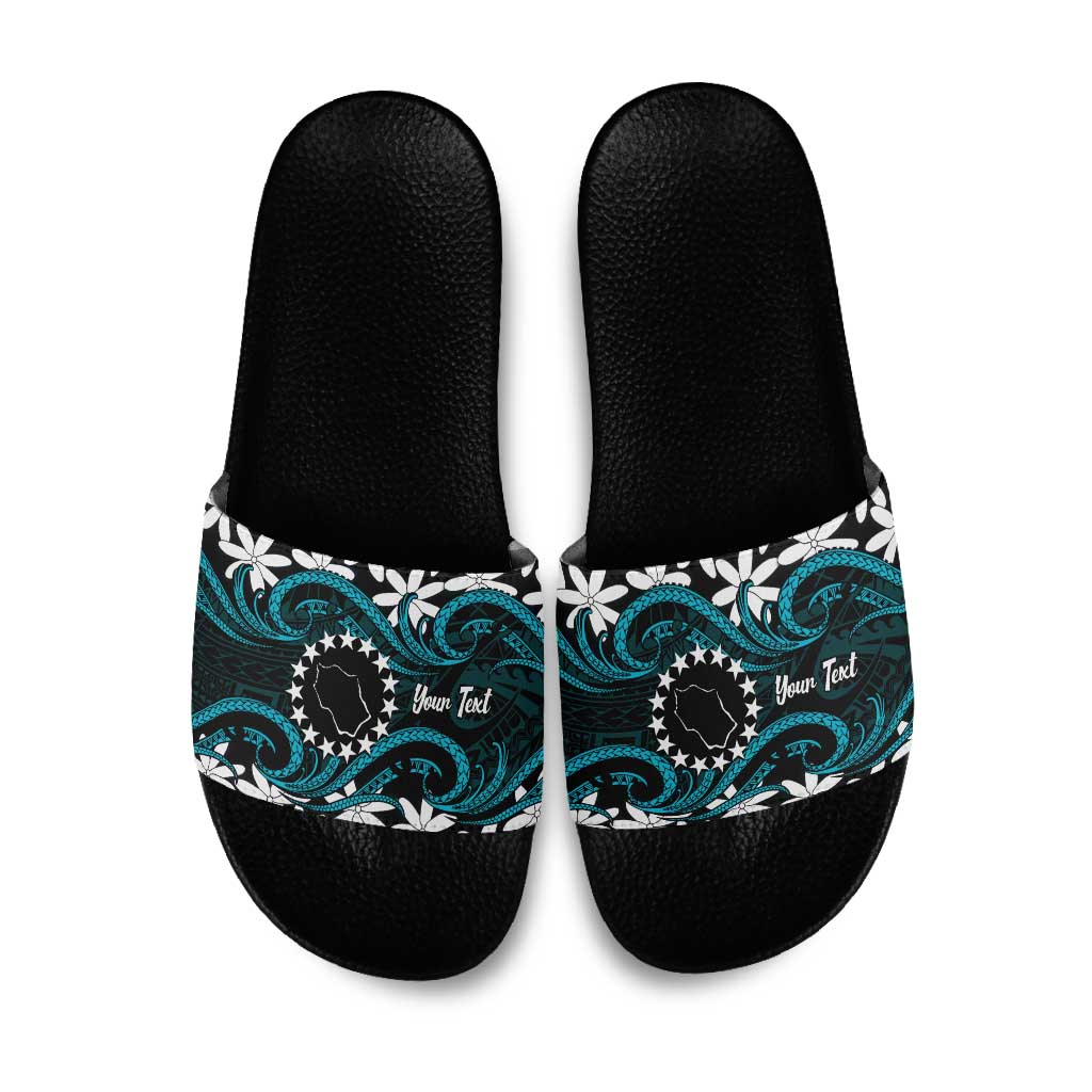 Personalised Cook Islands Penrhyn Atoll Slide Sandals Tiare Maori Polynesian Waves Tattoo