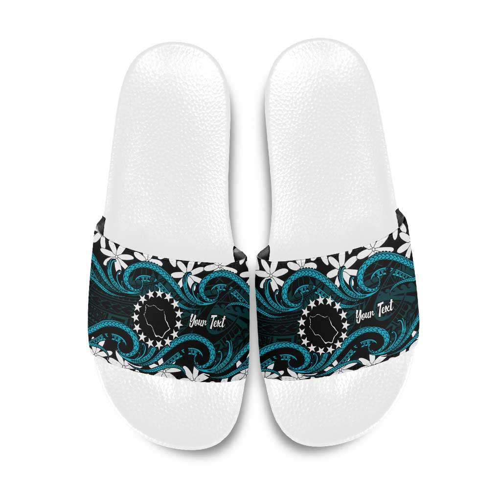 Personalised Cook Islands Penrhyn Atoll Slide Sandals Tiare Maori Polynesian Waves Tattoo