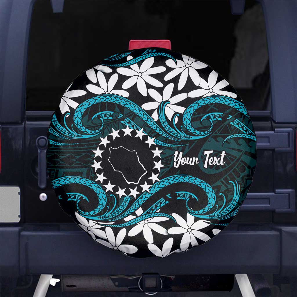 Personalised Cook Islands Penrhyn Atoll Spare Tire Cover Tiare Maori Polynesian Waves Tattoo