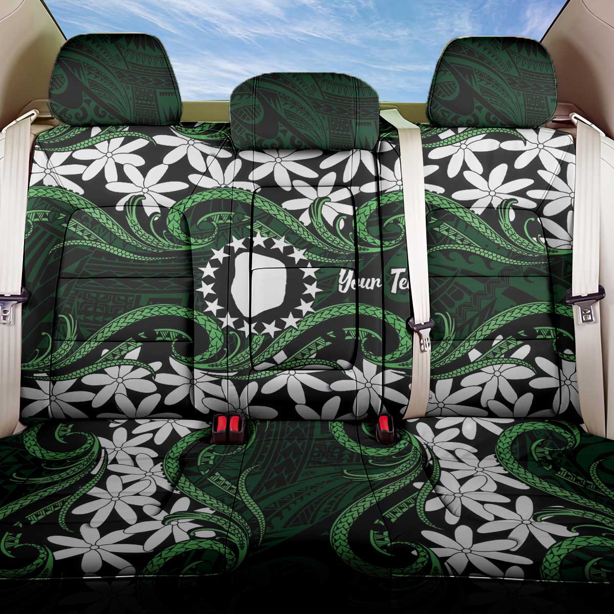 Personalised Cook Islands Mitiaro Back Car Seat Cover Tiare Maori Polynesian Waves Tattoo