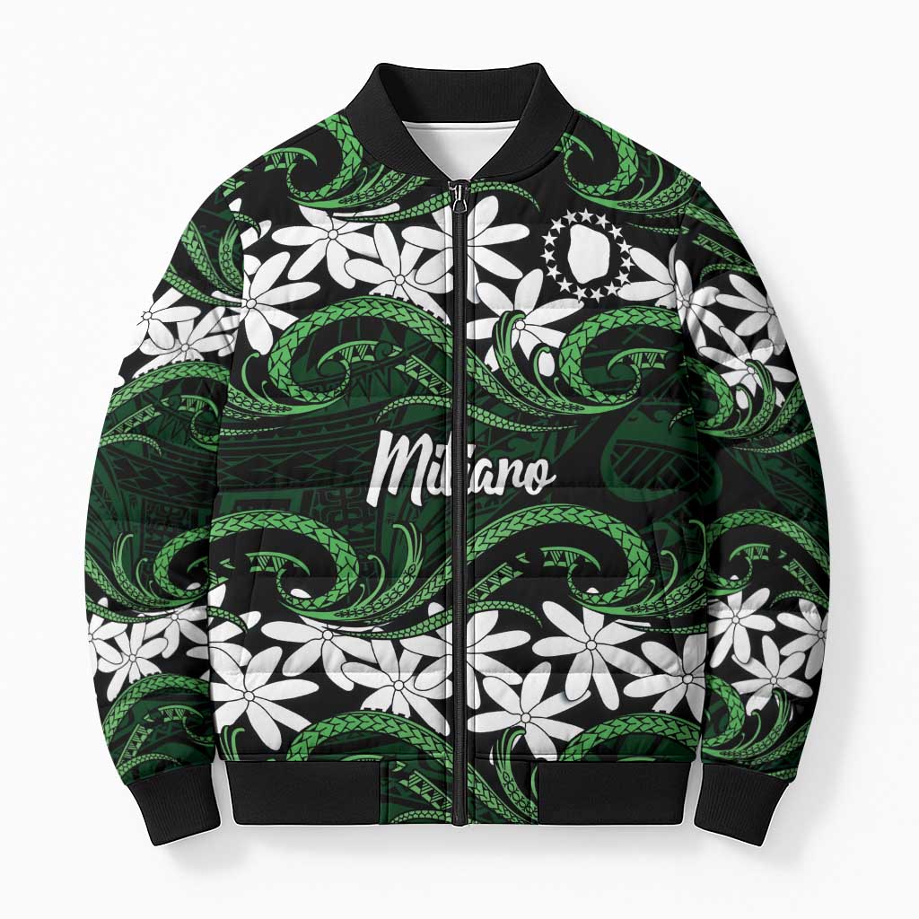 Personalised Cook Islands Mitiaro Bomber Puffer Jacket Tiare Maori Polynesian Waves Tattoo